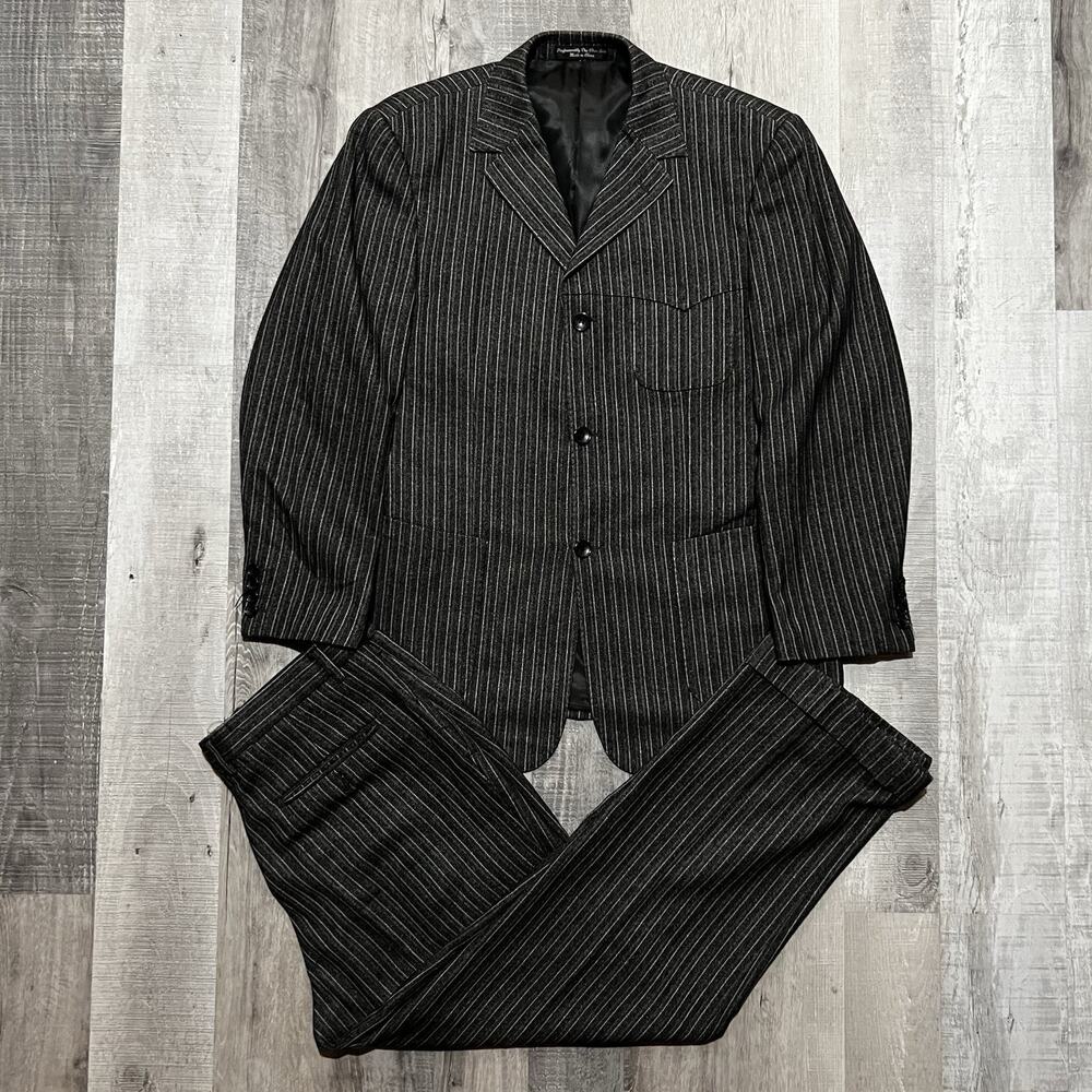 VTG Loriano Collection Wool Pinstripe Suit Black/Grey Baggy Pleated 46R/ 36"